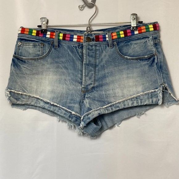 FREE PEOPLE Jean Shorts High Rise Cut Off Multi Colored Waist Detail Shorts - Picture 3 of 7
